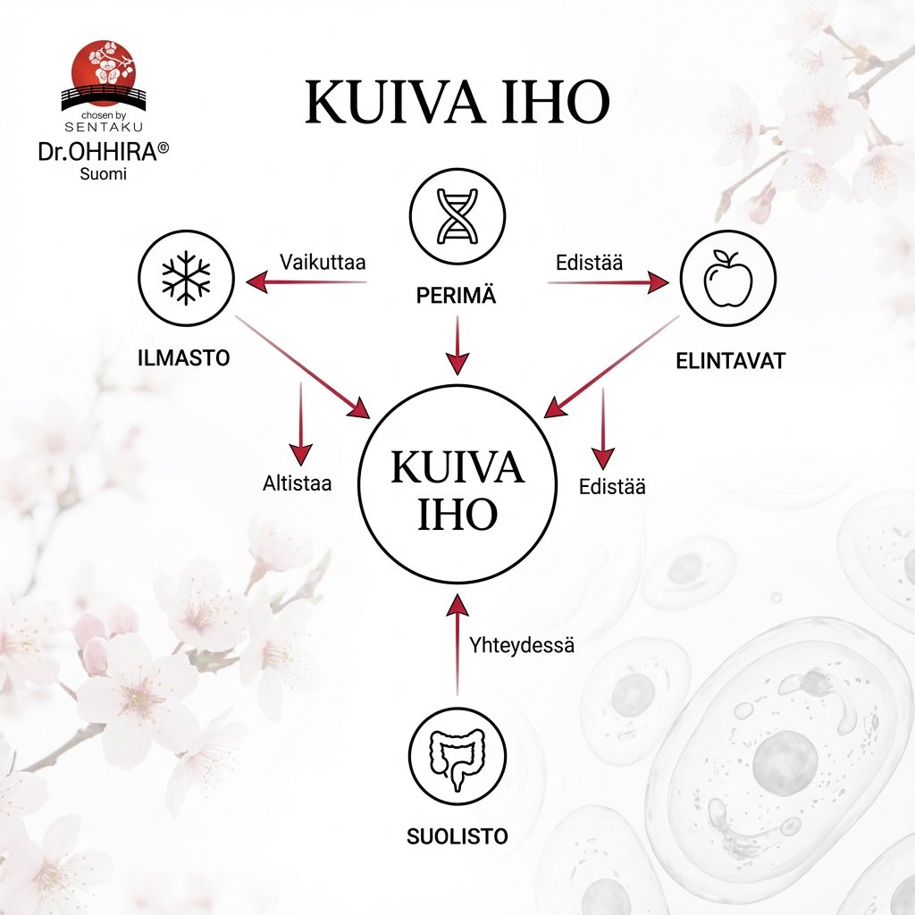 Kaavio esittää kuivaan ihoon vaikuttavia tekijöitä, kuten perimän, ilmaston, elintavat ja suoliston yhteyden.