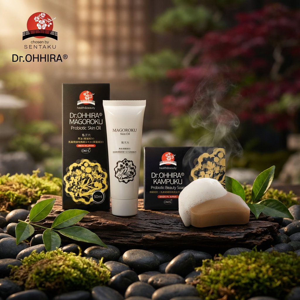 Dr.OHHIRAn probioottiset ihonhoitotuotteet, ihoöljy ja saippua, esillä zen-puutarhassa höyryävän ilman kanssa.
