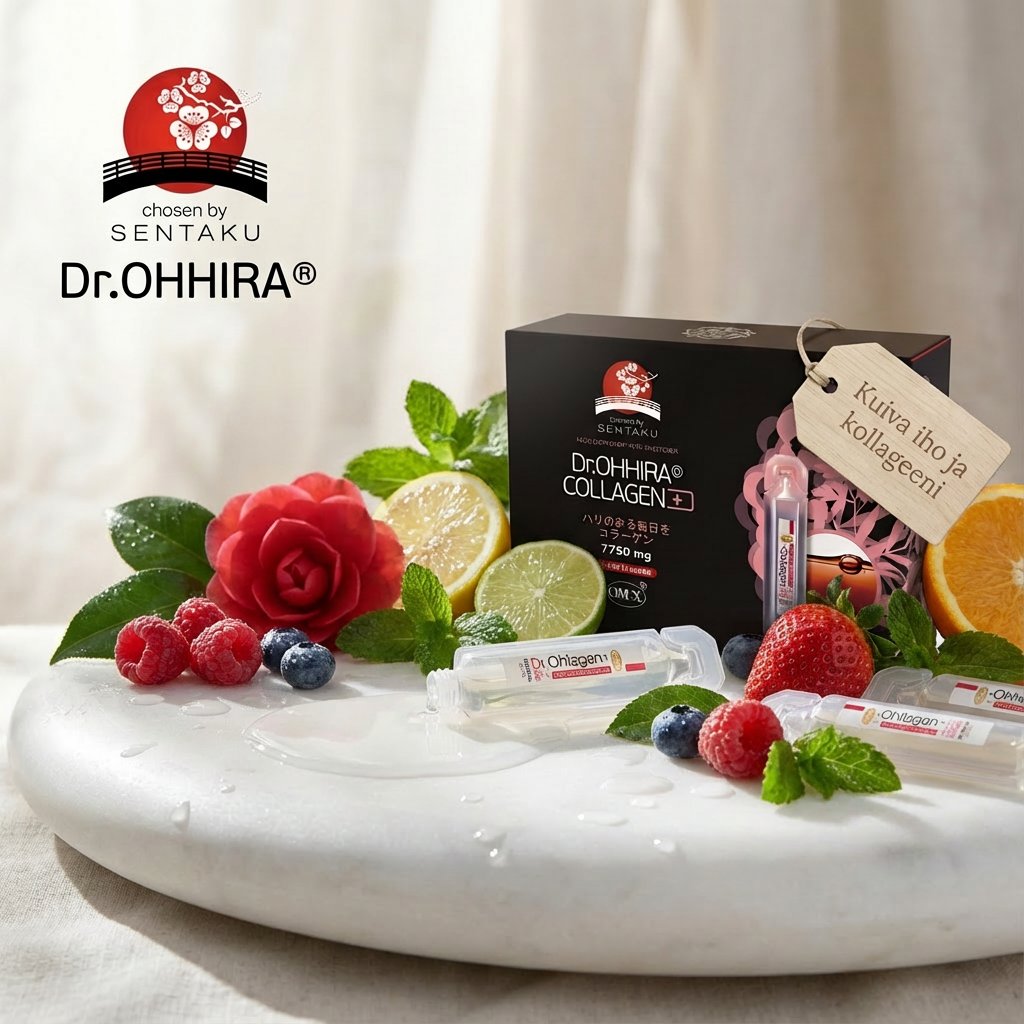 Dr.OHHIRA Collagen+ pakkauksen ja ampullien esittely tuoreiden marjojen ja sitrushedelmien kanssa valkoisella alustalla.