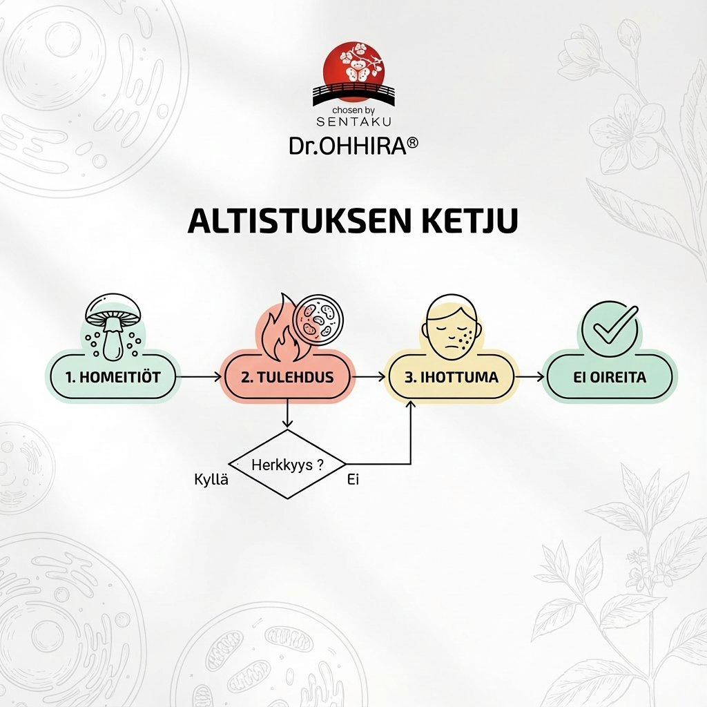 Kuva esittää altistuksen ketjun: homeitiöistä tulehdukseen ja herkkyyden kautta ihottumaan.