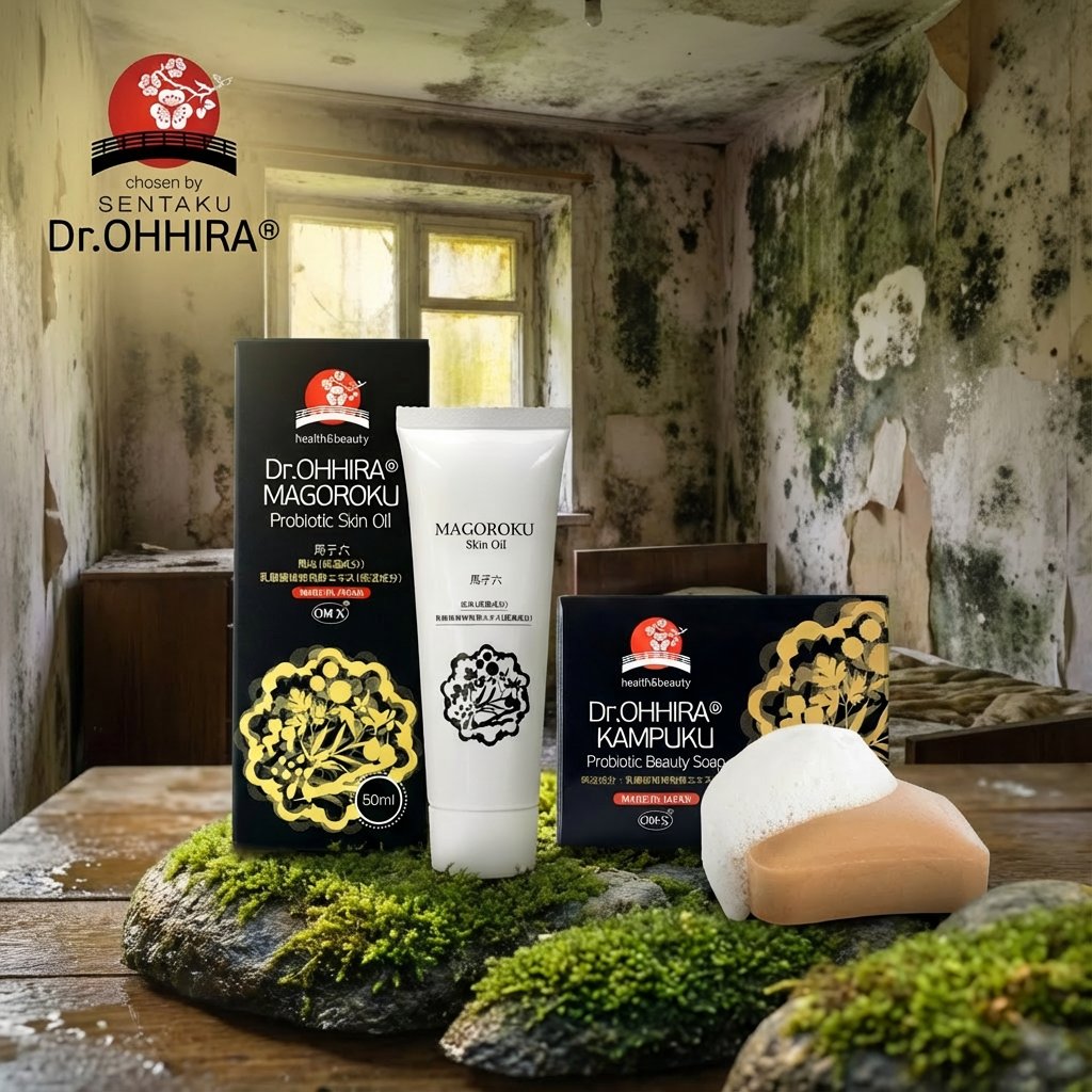 Dr. Ohhiran probioottiset ihonhoitotuotteet, kuten ihoöljy ja saippua, sammalpeitteisillä kivillä.