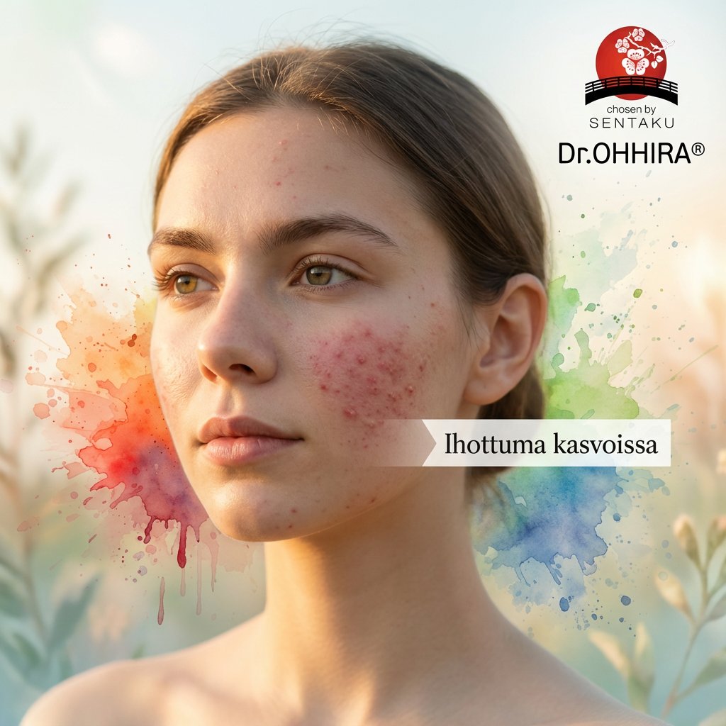 Nuori nainen, jolla on ihottumaa kasvoissaan. Oikeassa yläkulmassa Dr. OHHIRA® -logo.