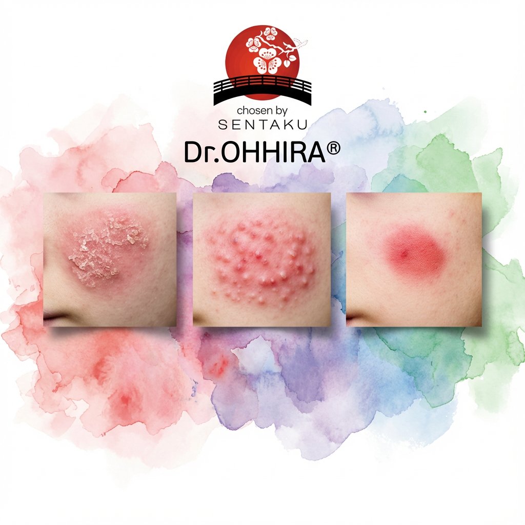 Lähikuvia kolmesta erilaisesta ihottumasta: hilseilevä ihottuma, pienet punaiset näppylät ja punainen patti värikkäällä taustalla logolla.