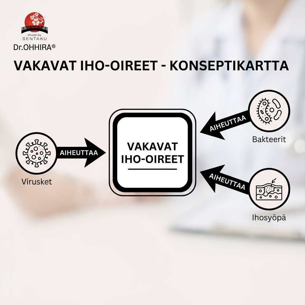 Konseptikartta näyttää vakavien iho-oireiden syitä: virukset, bakteerit ja ihosyöpä.