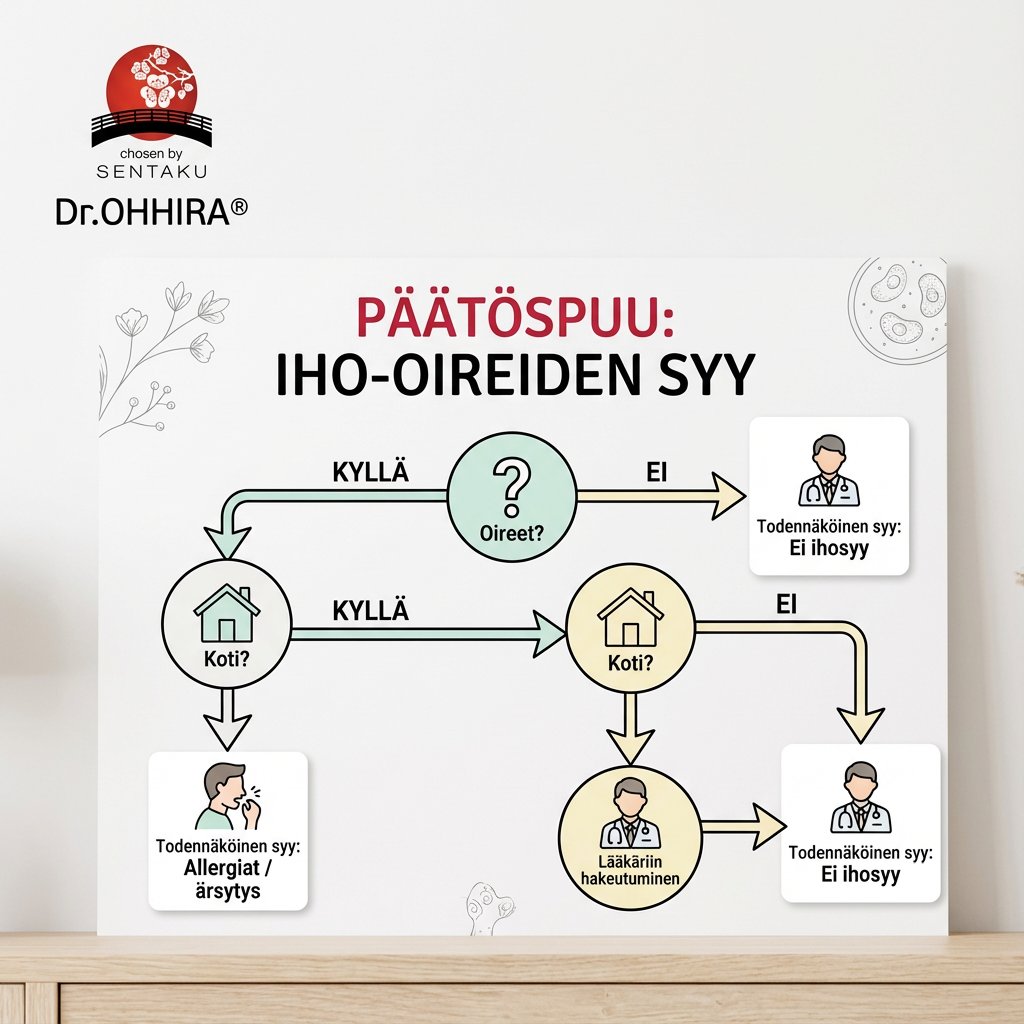 Päätöspuu ihon oireiden syistä, ohjaten diagnosointia kodin ja lääkärin välillä.