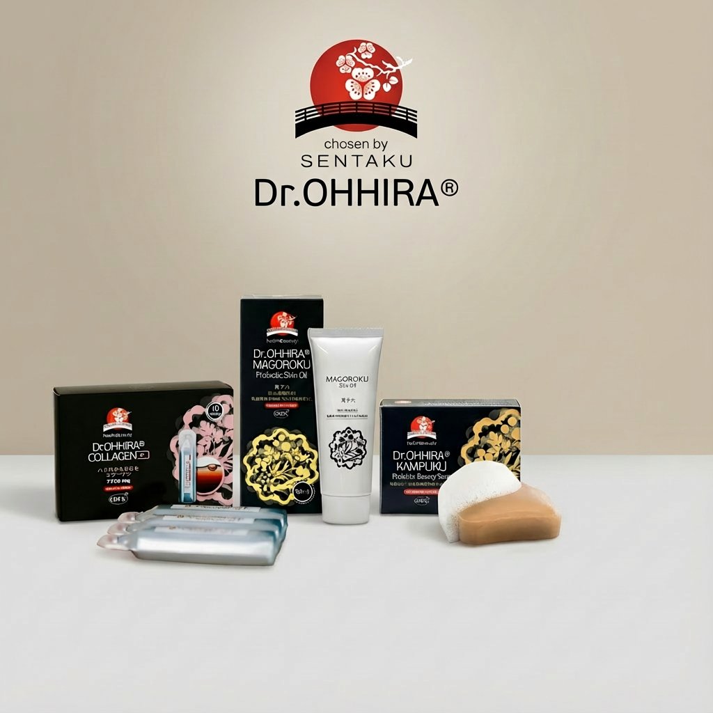 Dr.OHHIRA-tuotteita: kollageeni, probioottinen ihoöljy ja kauneussaippua mustilla pakkauksilla.