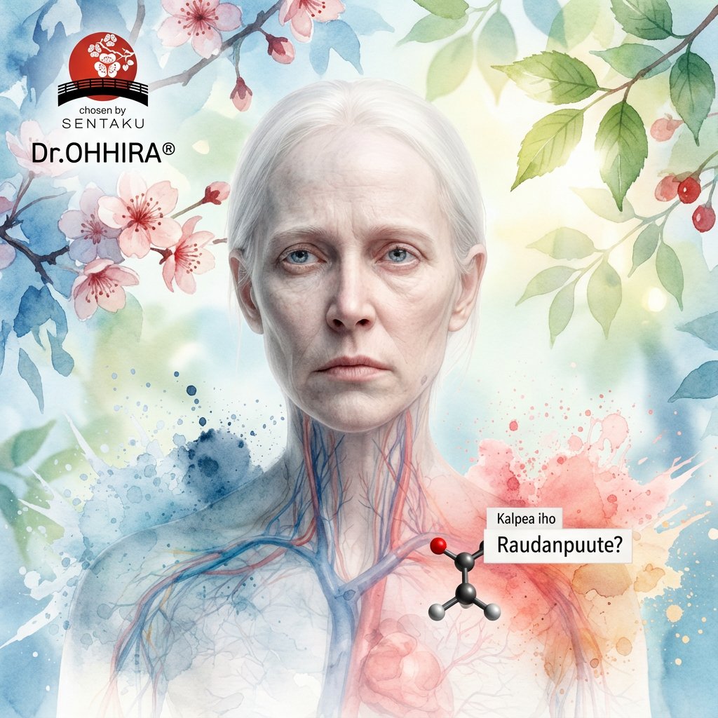 Kuvassa kalpeaihoinen nainen, jonka vartaloon on kuvattu verisuonisto. Tekstissä kysytään raudanpuutteesta.