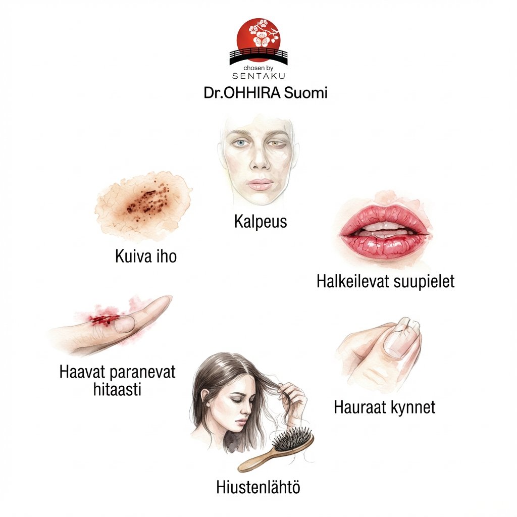 Kuvassa oireita kuten kuiva iho, kalpeus, hiustenlähtö, hauraat kynnet ja hitaasti paranevat haavat.