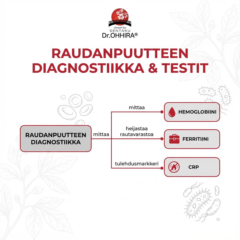 Kaavio raudanpuutteen diagnostiikasta ja testeistä, sisältäen hemoglobiinin, ferritiinin ja CRP:n.