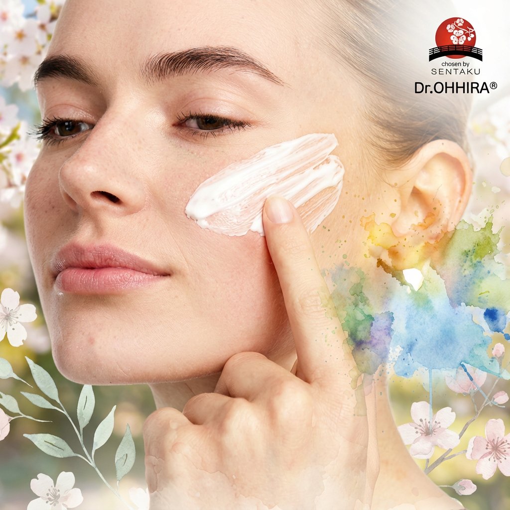 Nainen levittää valkoista voidetta poskelleen, taustalla kukkia ja värikkäitä roiskeita.