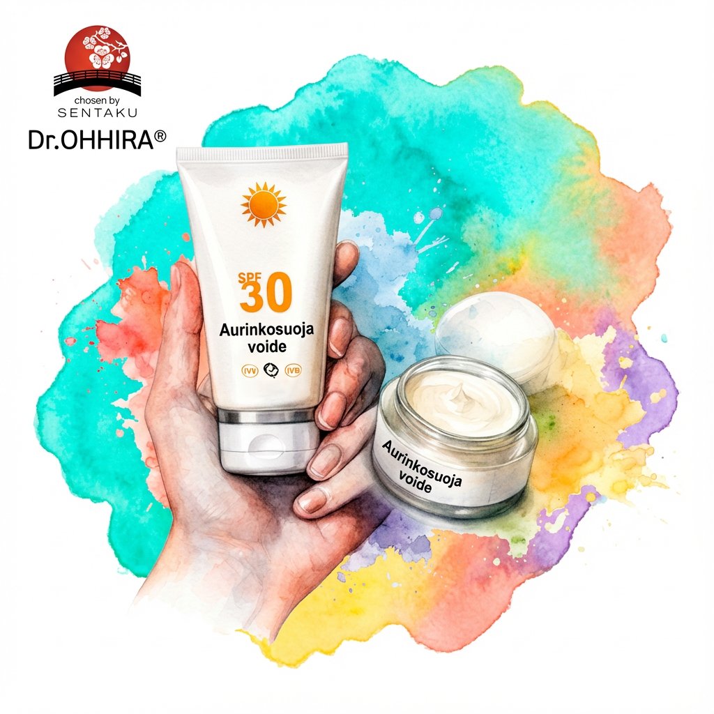 Käsi pitelee SPF 30 aurinkovoideputkea ja vieressä on aurinkosuojavoidepurkki värikkäällä taustalla.