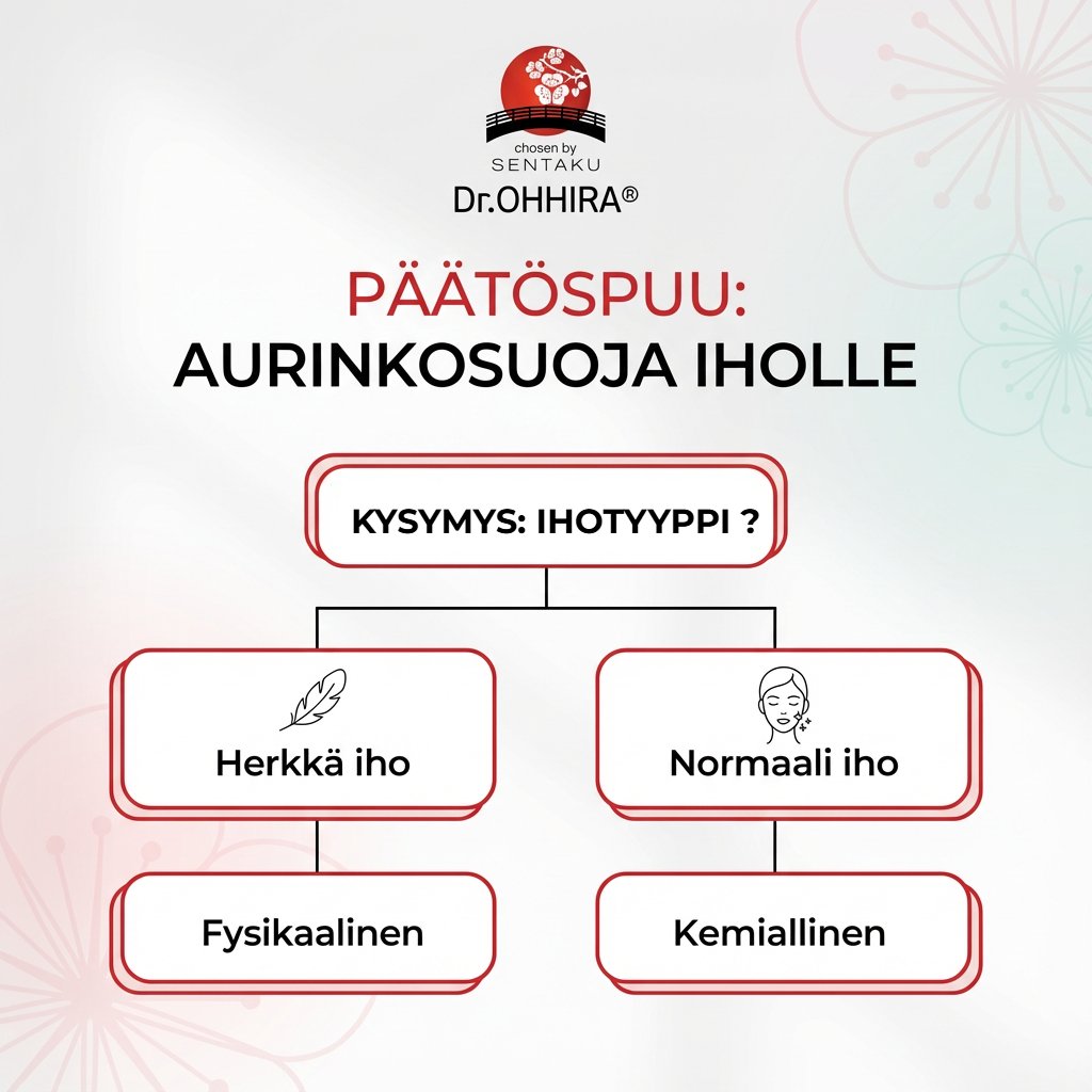 Päätöspuu opastaa oikean aurinkosuojan valinnassa ihotyypin perusteella, jakaen herkän ja normaalin ihon fysikaaliseen tai kemialliseen suojaukseen.