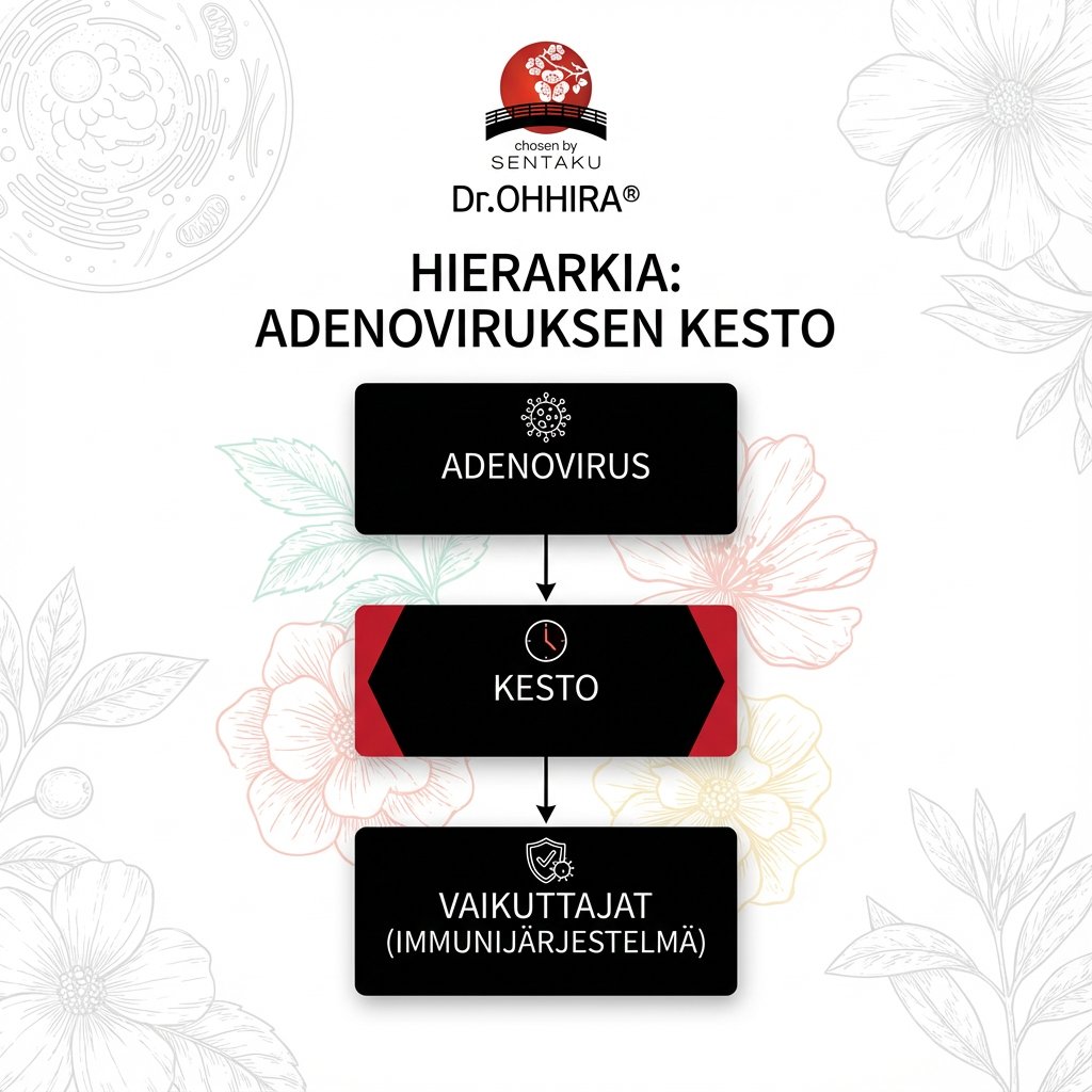 Hierarkiakaavio esittää adenoviruksen keston ja siihen vaikuttavat tekijät, kuten immuunijärjestelmän roolin.