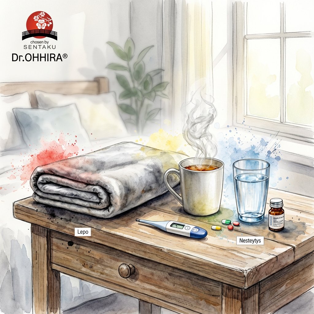 Yöpöydällä on viltti, höyryävä muki, lasi vettä, kuumemittari ja lääkkeitä sairaalle henkilölle.