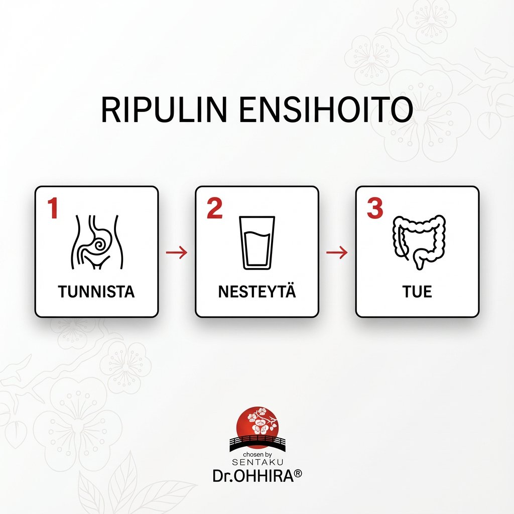 Kuvassa on kaavio ripulin ensihoidosta: 1. Tunnista, 2. Nesteytä, 3. Tue, ja Dr. OHHIRAN logo.