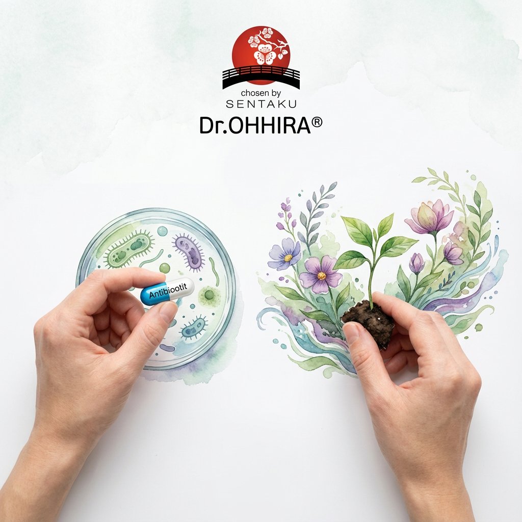 Kaksi kättä, toinen pitää antibioottikapselia, toinen pientä kasvia, vertailun merkkinä.