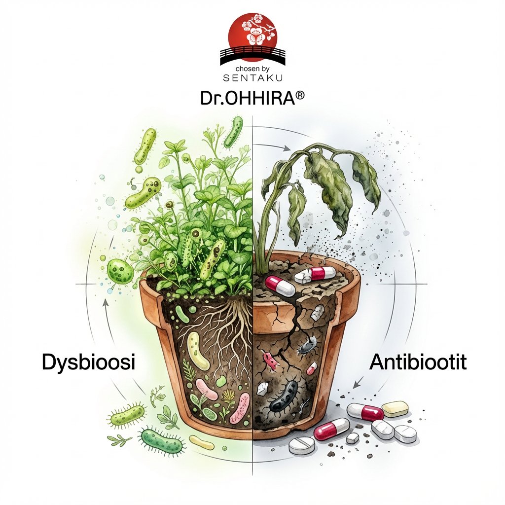 Kuva vertaa dysbioosia ja antibioottien vaikutuksia: terve kasvi vs. kuihtunut kasvi lääkkeiden kanssa.