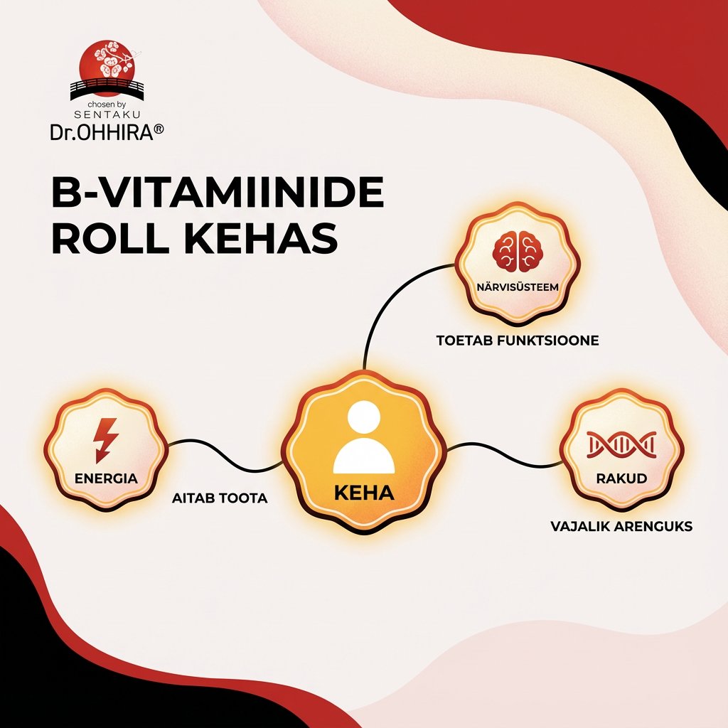 Diagramm, mis illustreerib B-vitamiinide rolli kehas, sidudes selle energia, närvisüsteemi ja rakkudega.