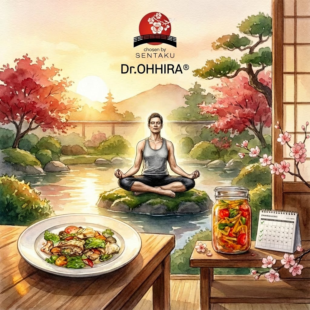 Inimene mediteerib Jaapani aias, laual on toit, fermenteeritud köögiviljad ja kalender. Logo Dr. OHHIRA®.