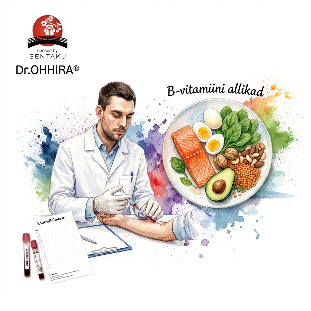 Arst võtab verd, taustal on taldrik B-vitamiini rikaste toitudega nagu lõhe, munad, spinat ja pähklid.