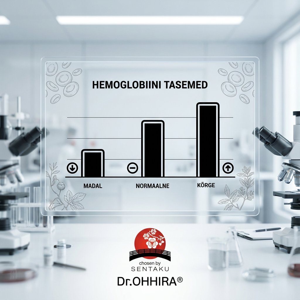 Laboratooriumis kuvatud hemoglobiini tasemete tulpdiagramm: madal, normaalne ja kõrge.