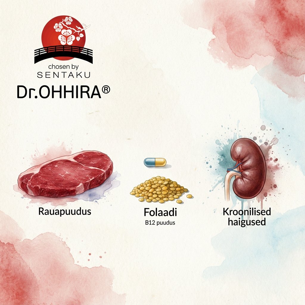 Pilt illustreerib Dr.OHHIRA®-ga seotud terviseprobleeme: rauapuudus, folaadi/B12 puudus ja kroonilised haigused.