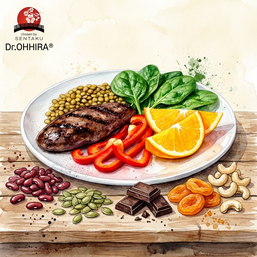 Taldrikul on grillitud vorst, läätsed, spinat, paprikad ja apelsinid. Ümber on oad, kõrvitsaseemned, šokolaad, kuivatatud aprikoosid ja kašupähklid.