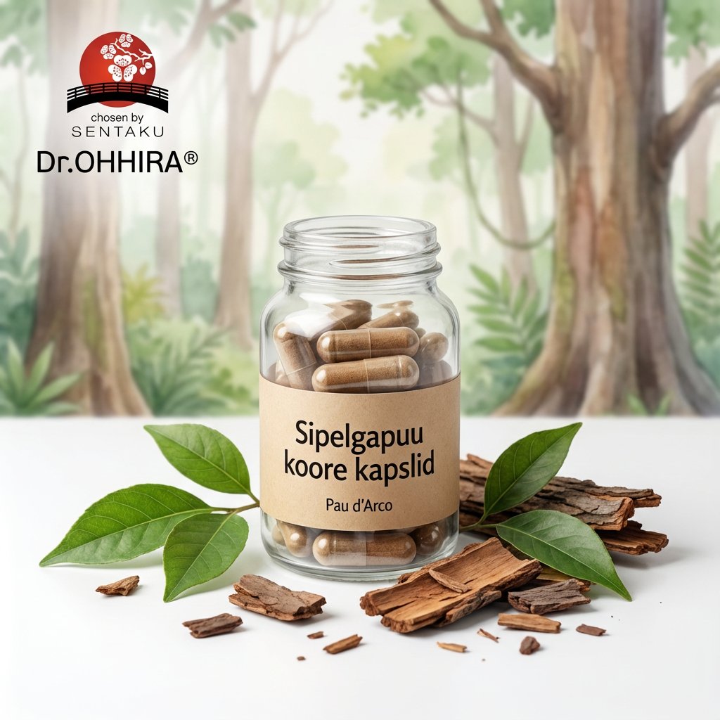 Pudel sipelgapuu koore kapslitega, ümbritsetud lehtede ja kooretükkidega looduslikul taustal.