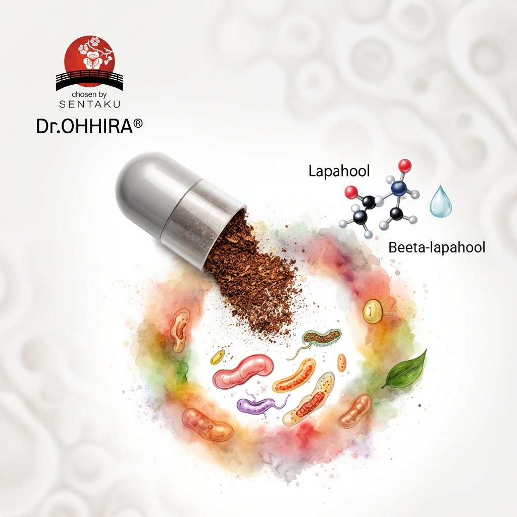 Kapsel, millest valgub pulber, ümbritsetud mikroobide ja Lapahooli molekulidega.