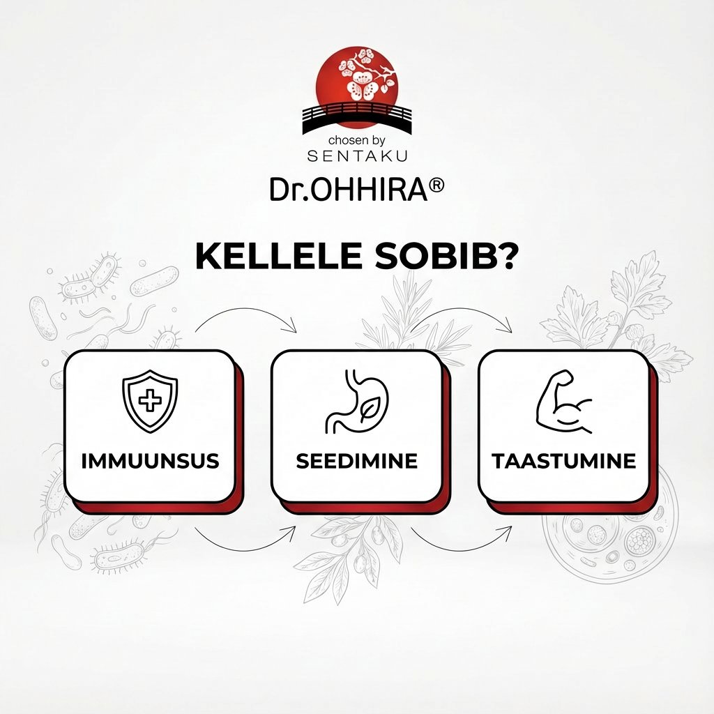 Pilt Dr.OHHIRA® toote eeliste kohta: immuunsus, seedimine ja taastumine.