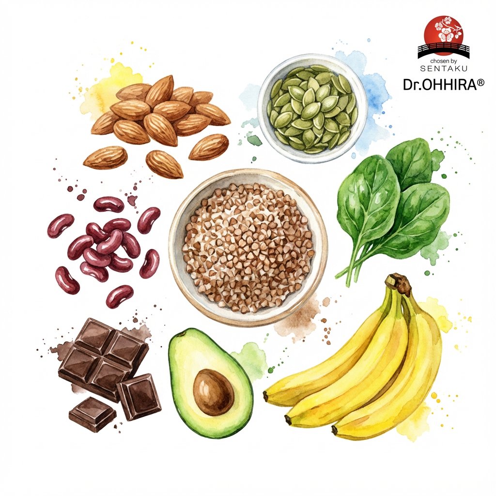 Pilt näitab mitmesuguseid magneesiumirikkaid toite: mandlid, oad, tatar, kõrvitsaseemned, spinat, banaanid, avokaado ja šokolaad valgel taustal.