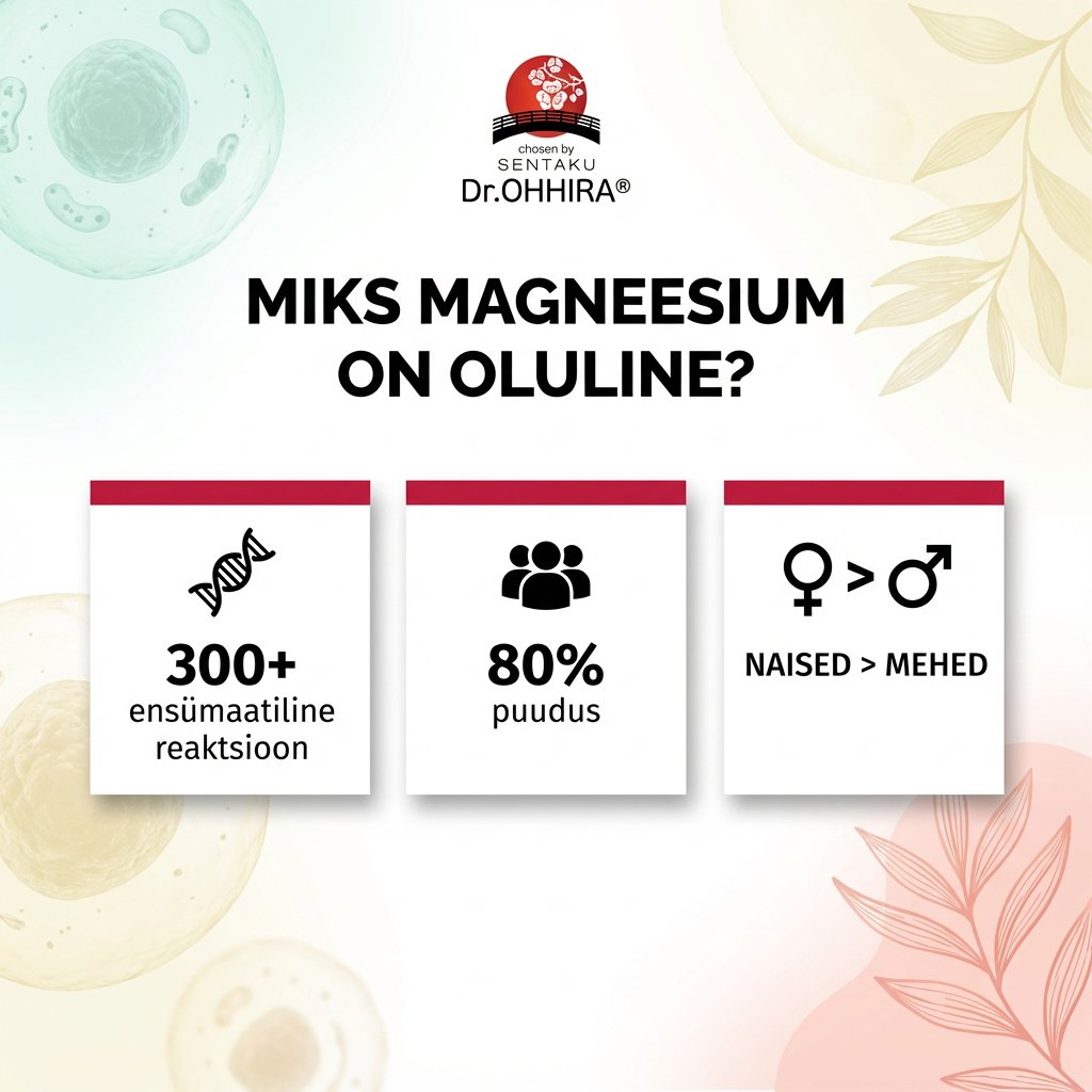 Infograafik selgitab, miks magneesium on oluline: 300+ ensümaatilist reaktsiooni, 80% puudus, naised vajavad rohkem.