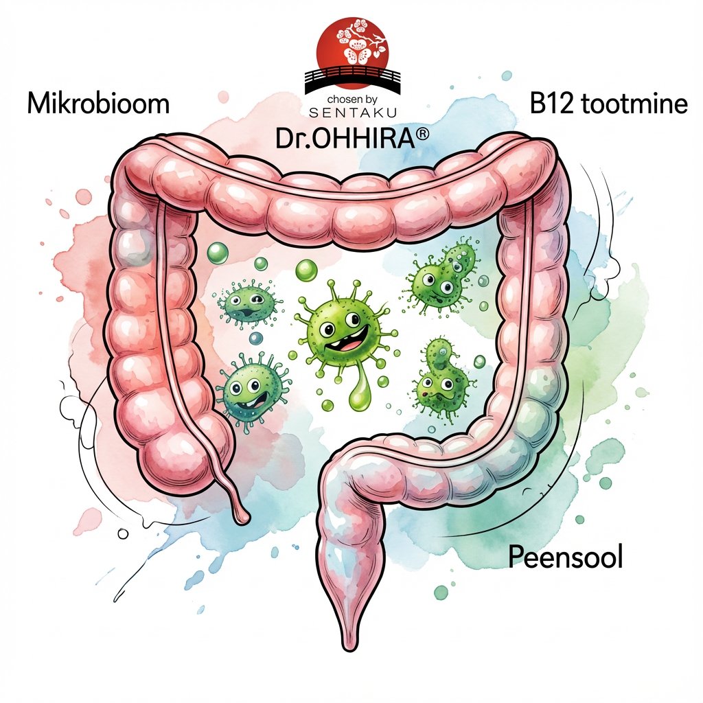 Soole diagramm mikroorganismide ja viidetega mikrobioomile, B12 tootmisele ja peensoolele.