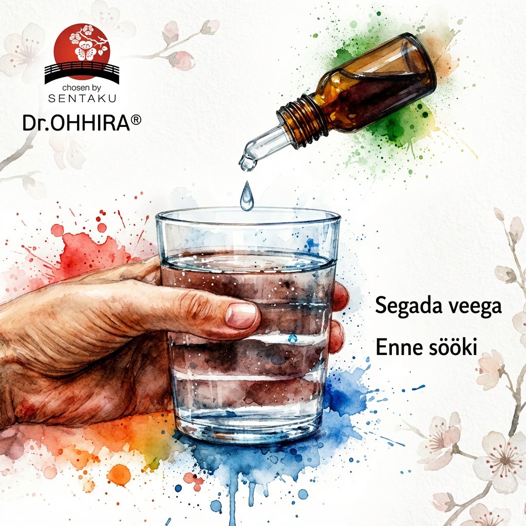 Pilt kujutab tilkade lisamist veeklaasi enne sööki, rõhutades toidulisandi kasutamist.