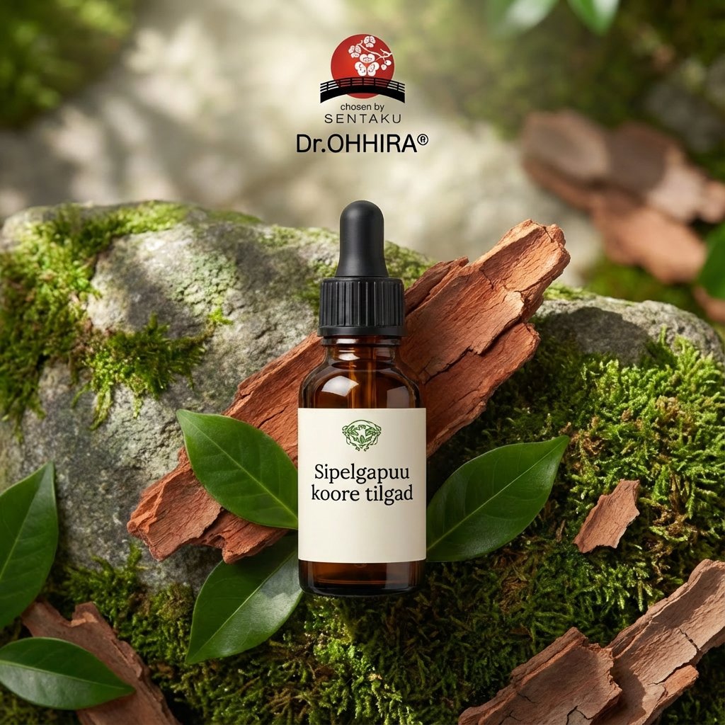 Väike pruun pudel sildiga "Sipelgapuu koore tilgad" on samblaste kivide ja kooretükkide vahel metsas.