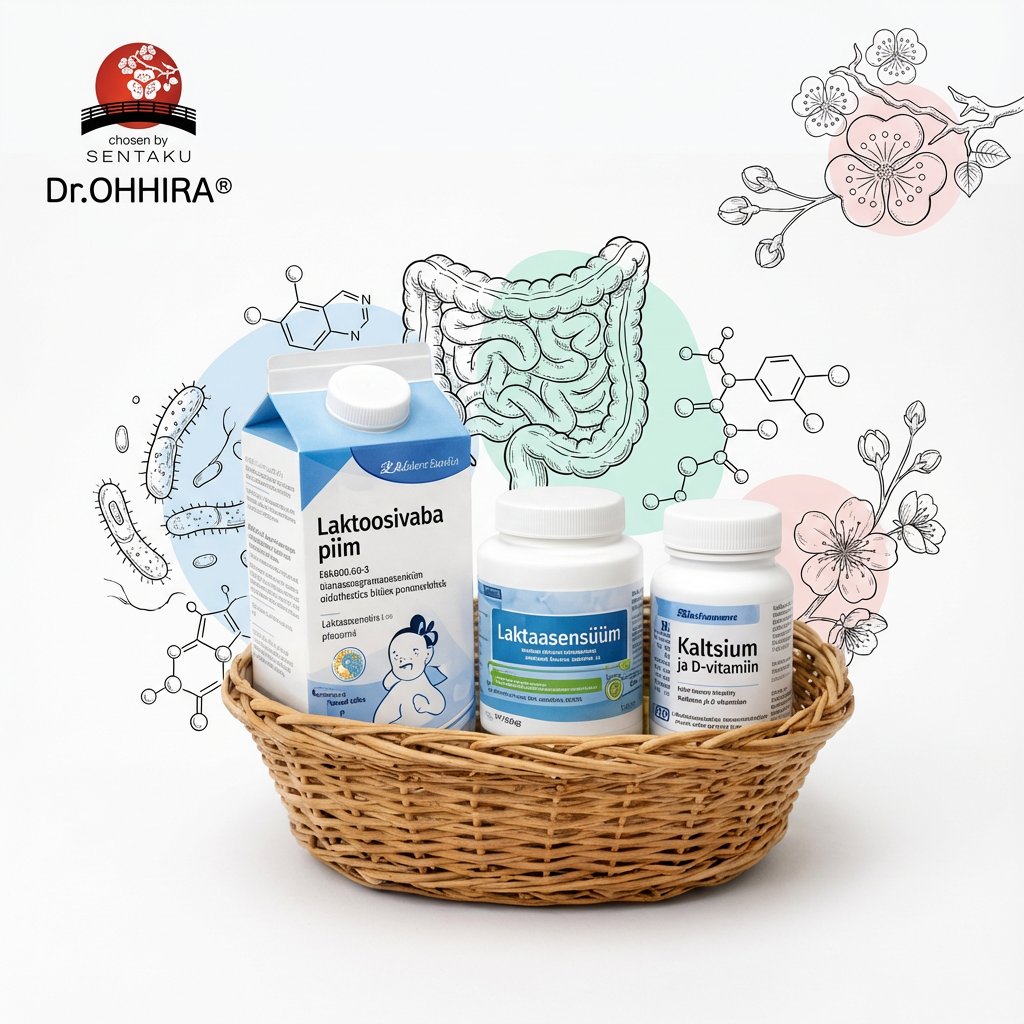 Korvis laktoosivaba piim, laktaasensüümi ja kaltsiumi-D-vitamiini toidulisandid koos seedetrakti illustratsiooniga.