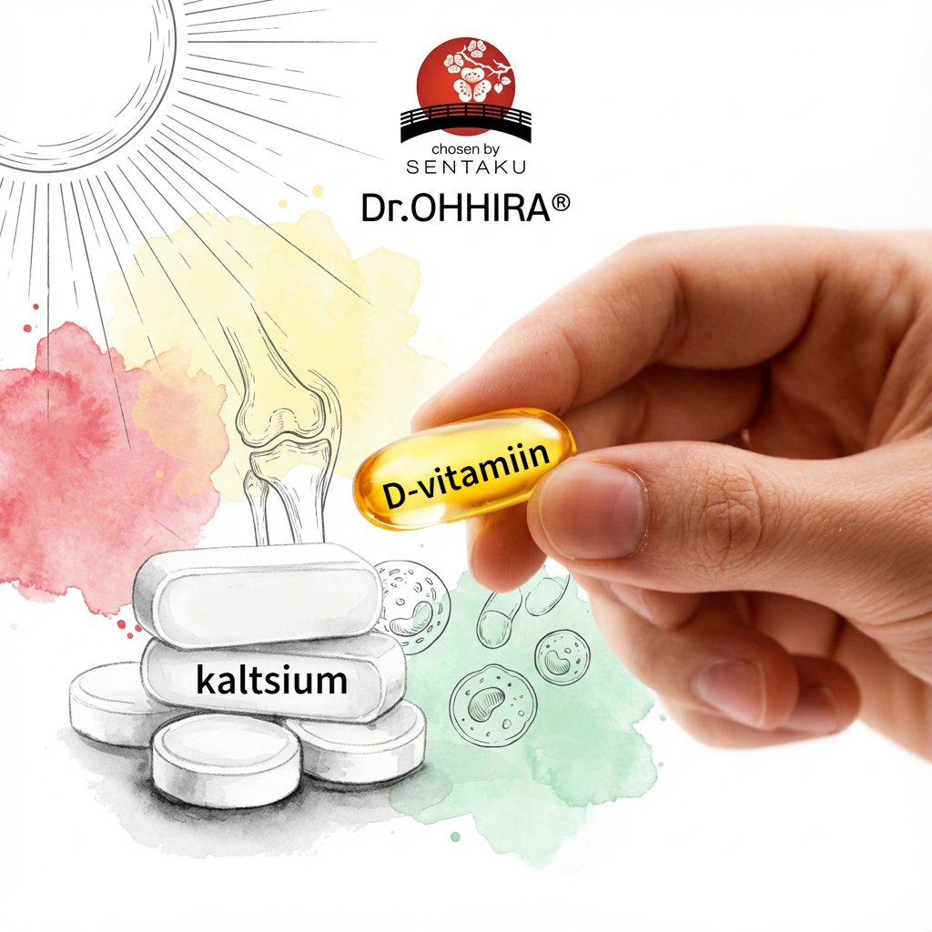 Käsi hoiab D-vitamiini kapslit, taustal kaltsiumitabletid, päike ja luu illustratsioonid.