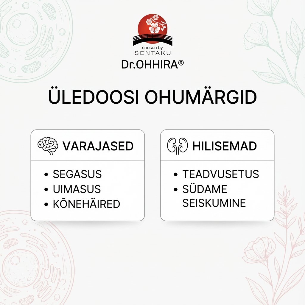 Infograafik D-vitamiini üledoosi ohu märkidest, jagatud varajasteks ja hilisemateks sümptomiteks.