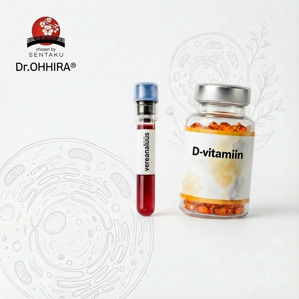 Pilt vereanalüüsi torust ja D-vitamiini pudelist Dr.OHHIRA® logoga taustal, viidates tervisekontrollile.