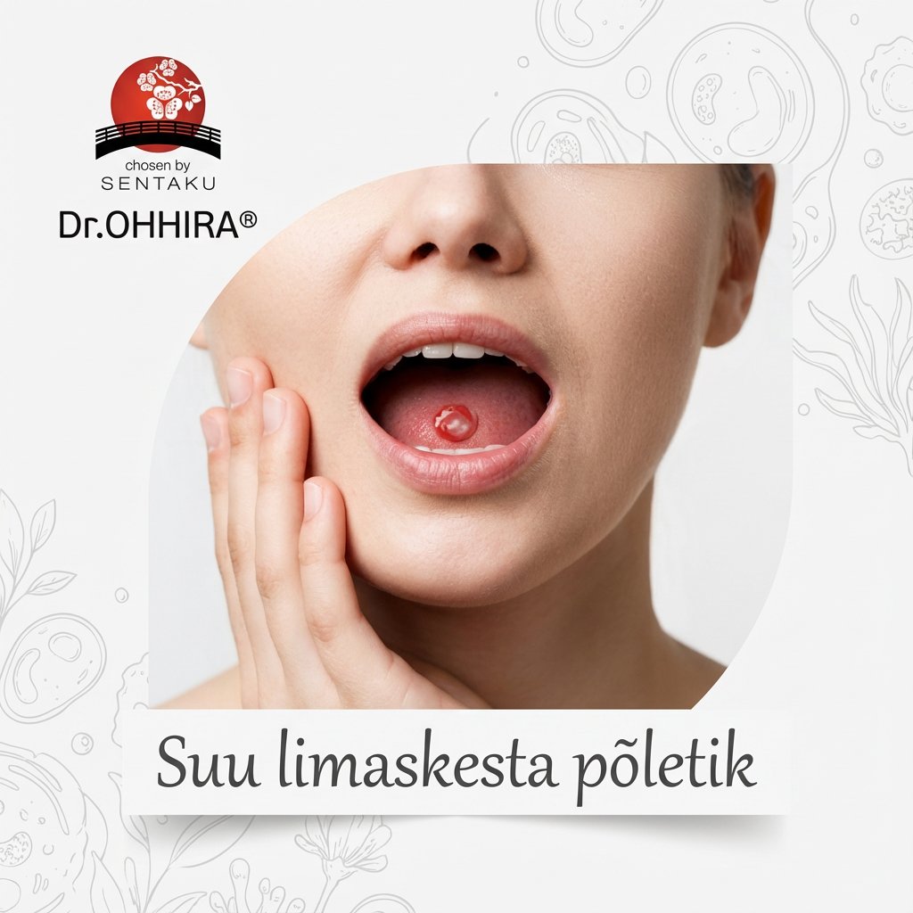 Pilt kujutab inimest, kellel on valulik vill või haavand suus, viitades suu limaskesta põletikule.