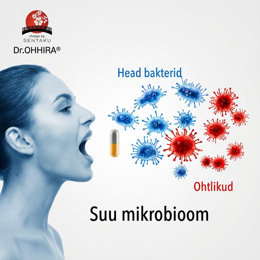 Naine avatud suuga, suukapsel ja illustratsioon suu mikrobioomist heade ning ohtlike bakteritega.