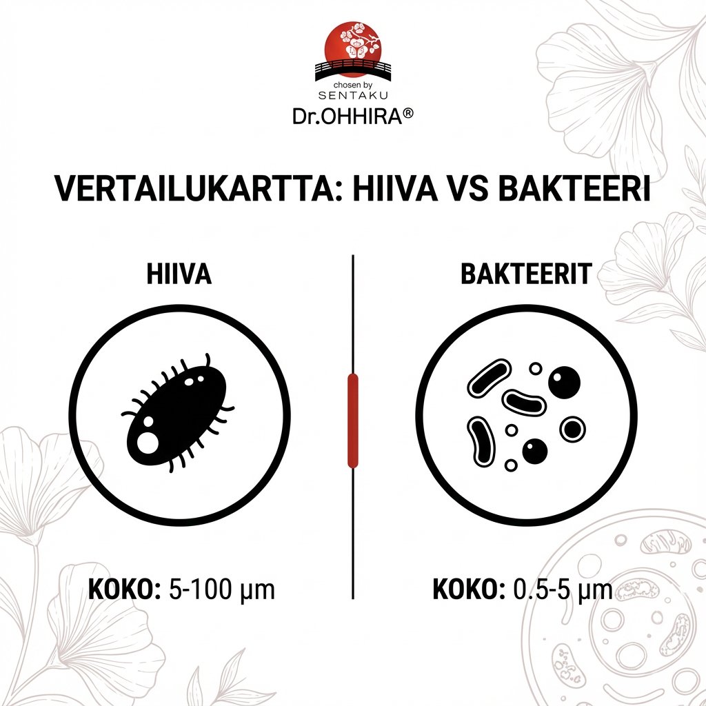 Vertailukartta hiivan ja bakteerien välillä, näyttäen niiden erot ulkonäössä ja koossa yksityiskohtaisesti.