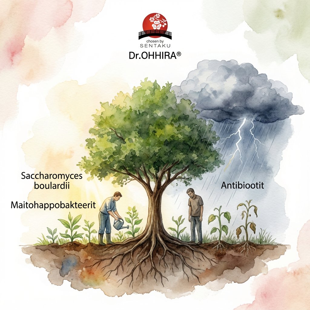 Kuva vertaa probioottien (Saccharomyces boulardii, maitohappobakteerit) positiivisia ja antibioottien negatiivisia vaikutuksia.