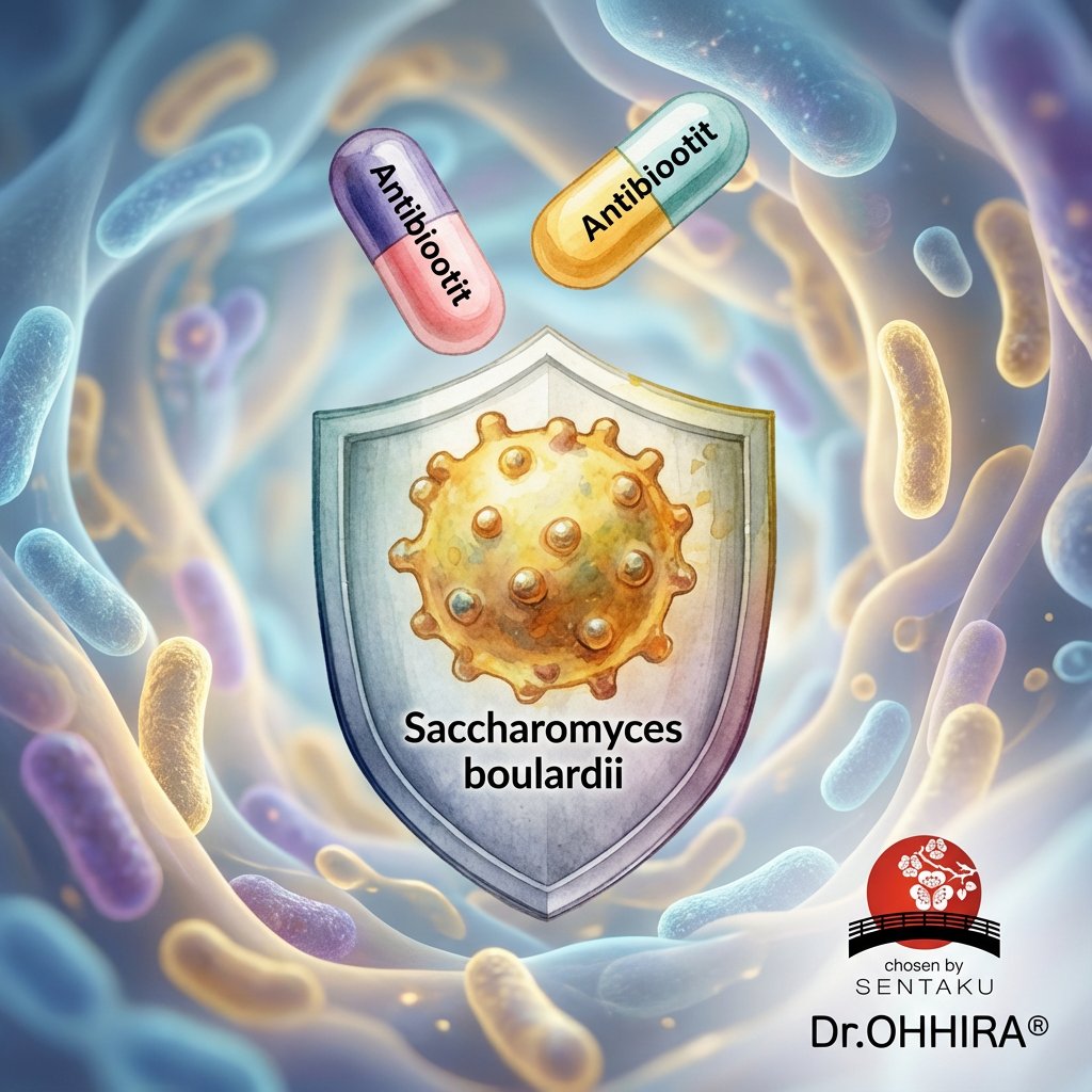 Kuvassa mikrobeja, antibioottikapseleita ja kilpi, jossa lukee Saccharomyces boulardii.