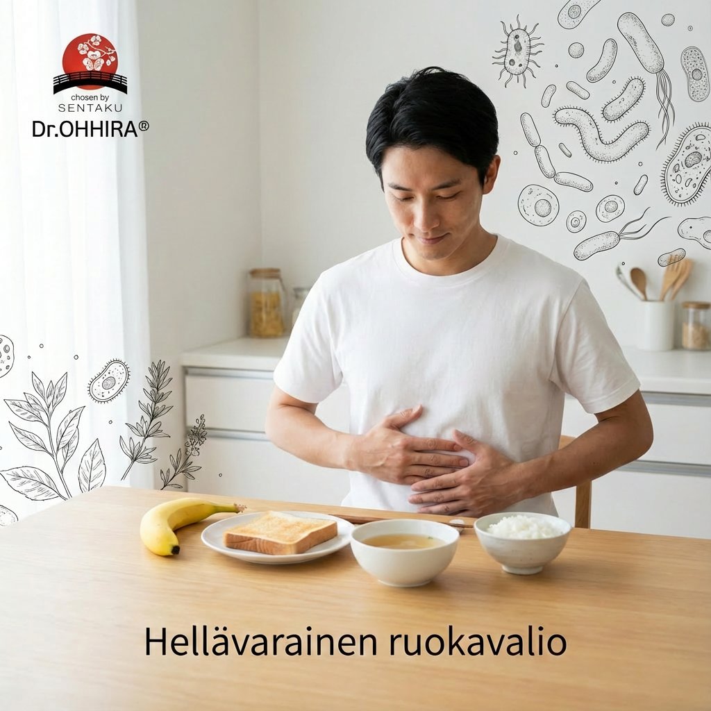 Mies pitää vatsastaan, edessään hellävarainen ruokavalio: banaani, paahtoleipä, keitto ja riisi. Taustalla bakteeripiirroksia.