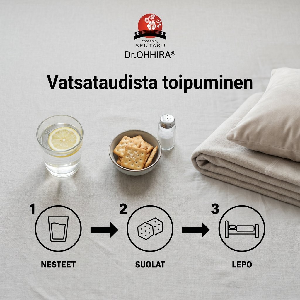 Kuva opastaa vatsataudista toipumiseen: juo nesteitä, syö suolaista ja lepää sängyssä.