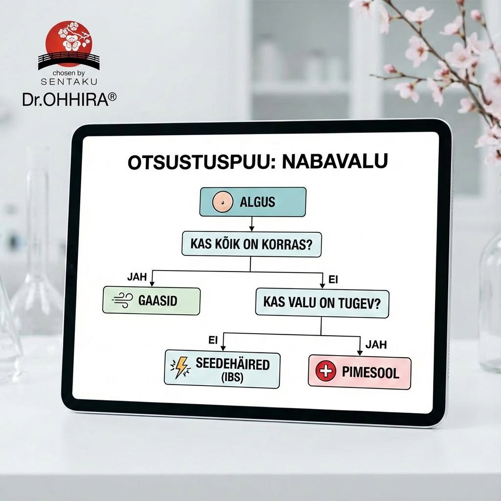 Digitaalne tahvelarvuti, millel on vooskeem naba valu diagnoosimise kohta, sealhulgas gaasid, seedehäired ja pimesool.