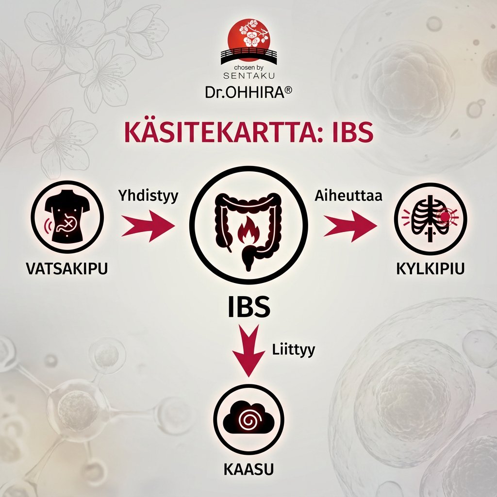 Käsitekartta Ärtyvän suolen oireyhtymästä (IBS) ja sen oireista: vatsakipu, kylkikipu, kaasu.