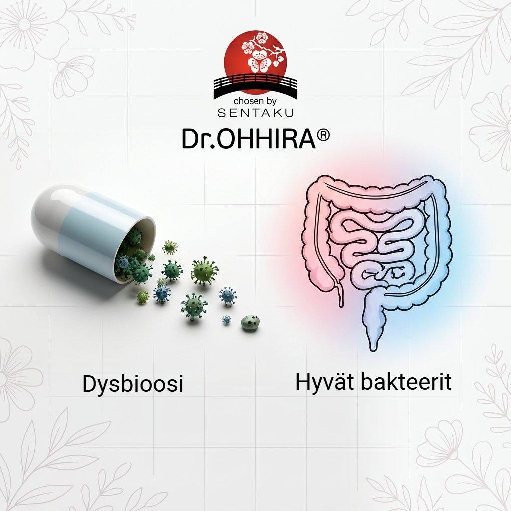 Kapseli levittää viruksia (dysbioosi) ja suoliston kuva (hyvät bakteerit). Ylhäällä Dr.OHHIRA®-logo.
