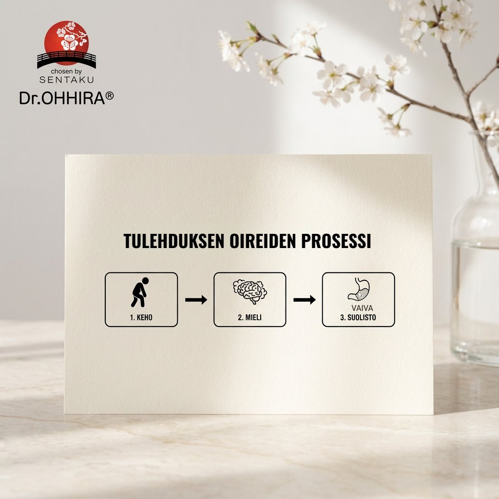 Kaavio esittää tulehduksen oireiden prosessin: Keho -> Mieli -> Suolisto (vaiva). Taustalla kukkivia oksia ja Dr.OHHIRA® logo.